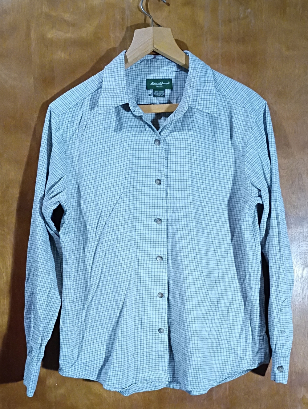 M 100% Cotton Eddie Bauer Women's Light Blue Small Check Button-Down Shirt Nice